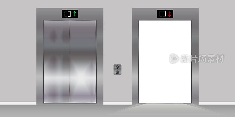 Open and closed chrome elevator doors. Realistic vector illustration